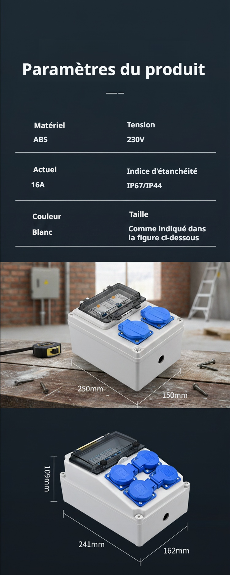 Boîte de distribution électrique portable en plastique avec prises