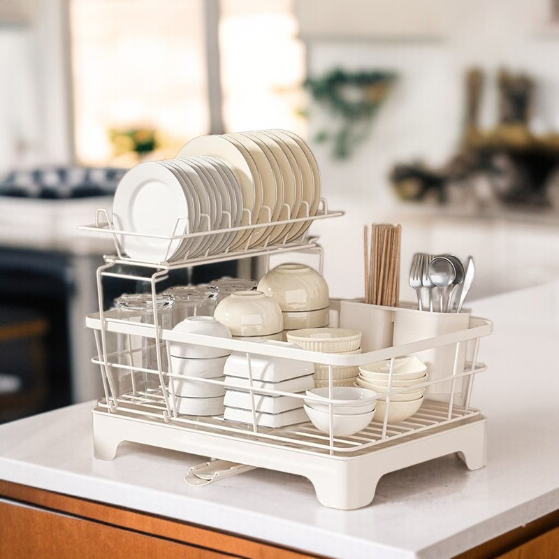 물빠짐 그릇 선반 가정용 탄소강 그릇 수납 선반 주방 선반 수저통 2단 그릇 선반 물빠짐 선반