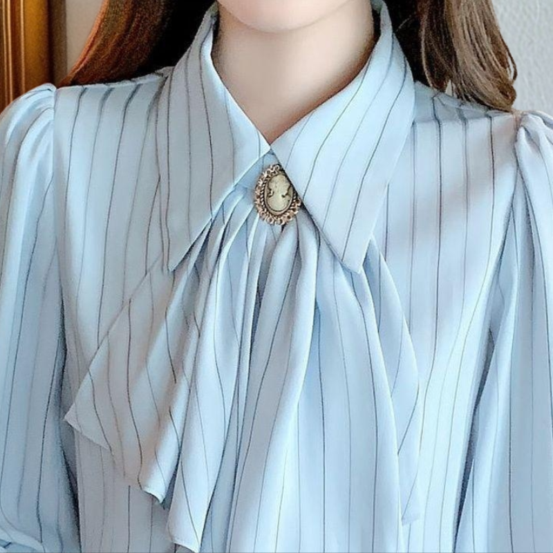 女士法式長袖條紋襯衫