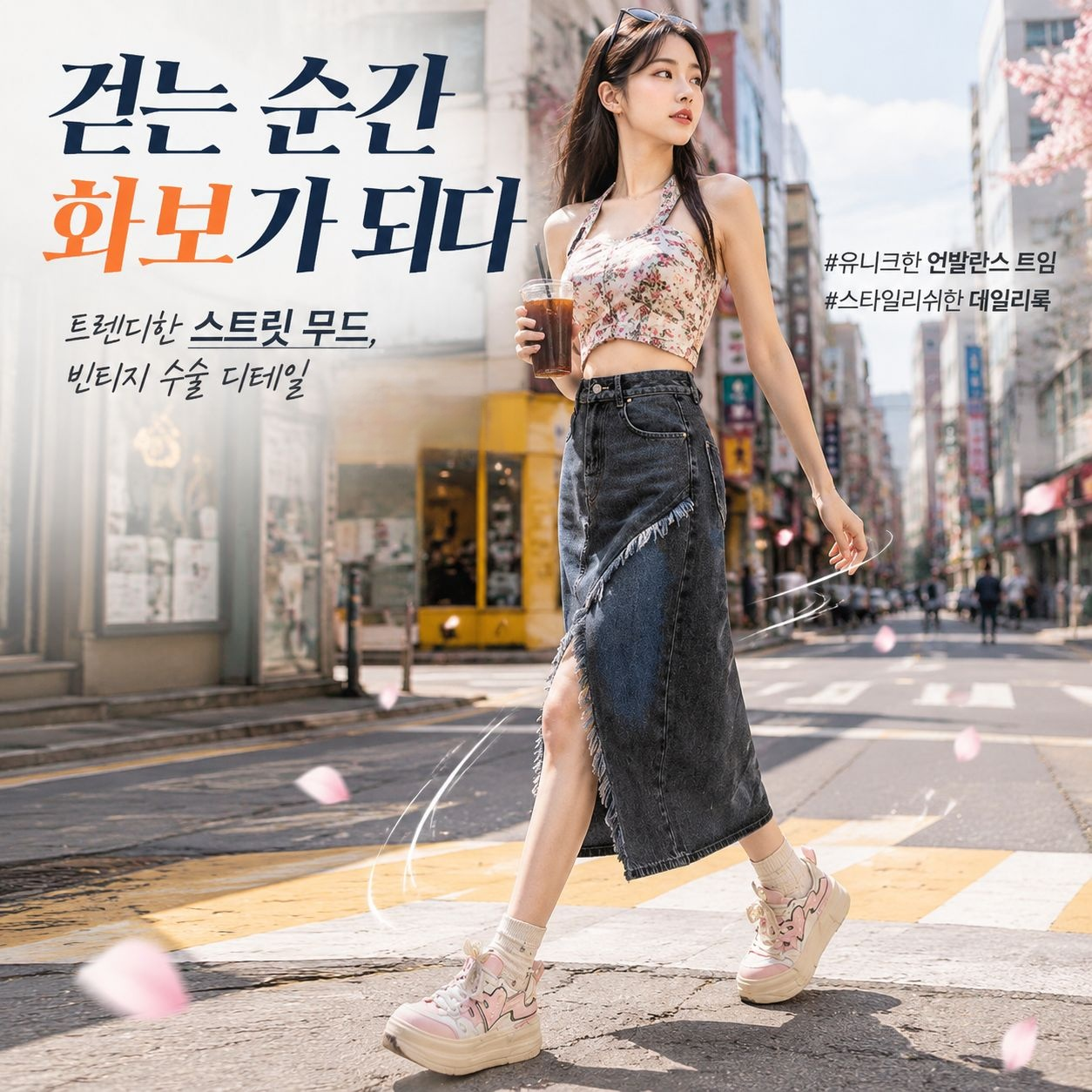 키 작은 여성 하이웨스트 트임 데님 롱스커트 하프스커트