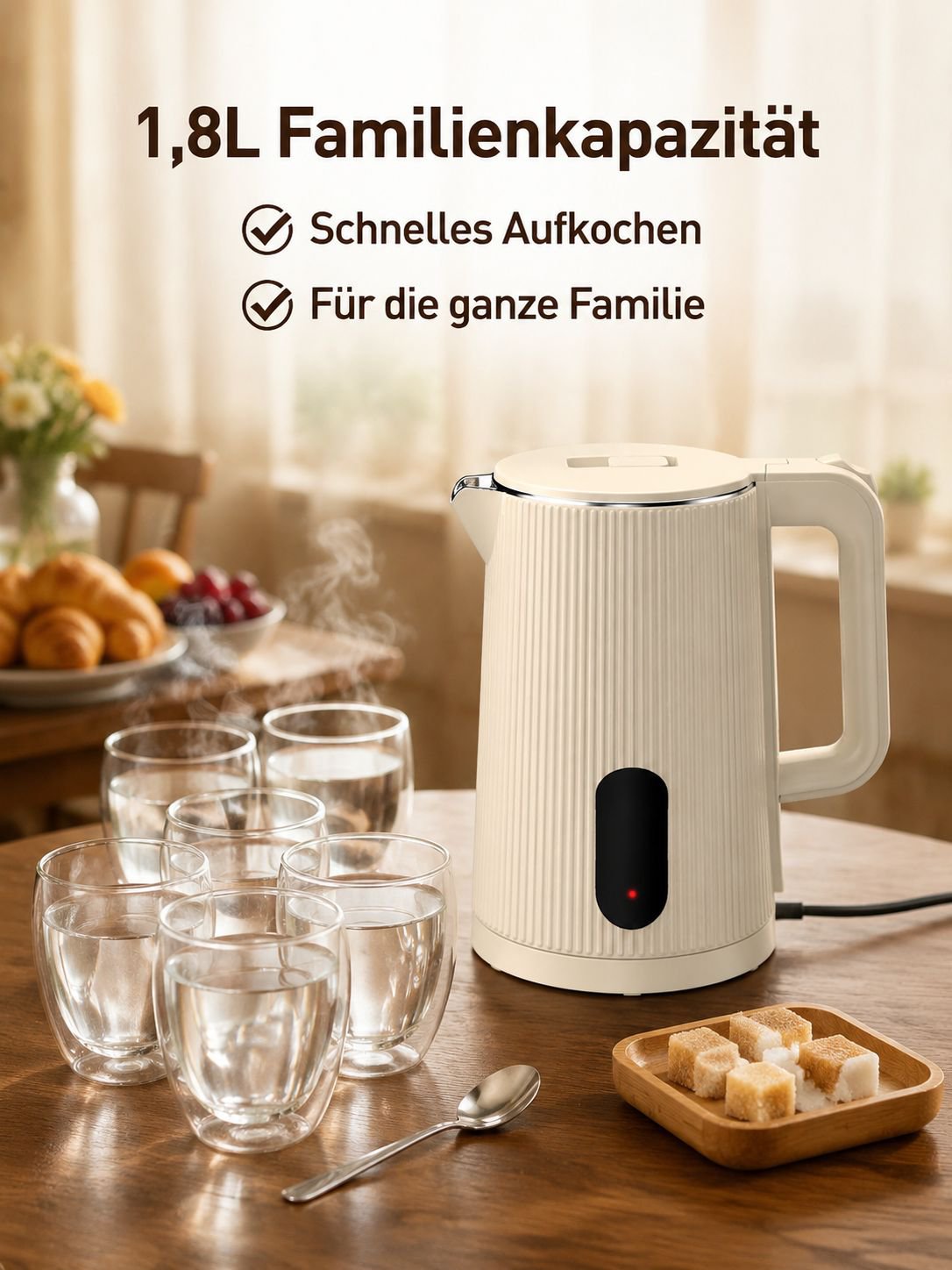 Großer Edelstahl-Wasserkocher mit Warmhaltefunktion und automatischer Abschaltung