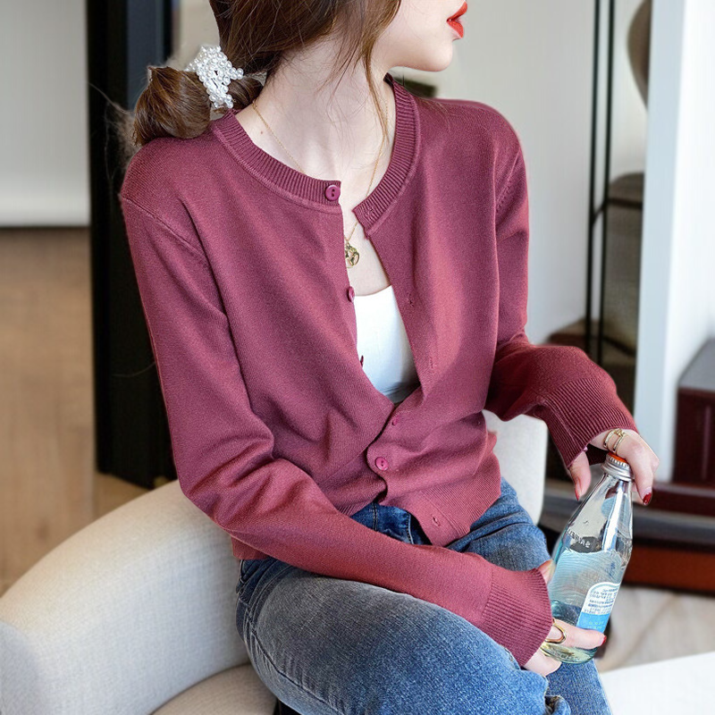 추동 아우터 여자 블랙 얇은 니트 카디건 니트 코트 긴팔 상의 라운드넥 여성 아우터 니트
