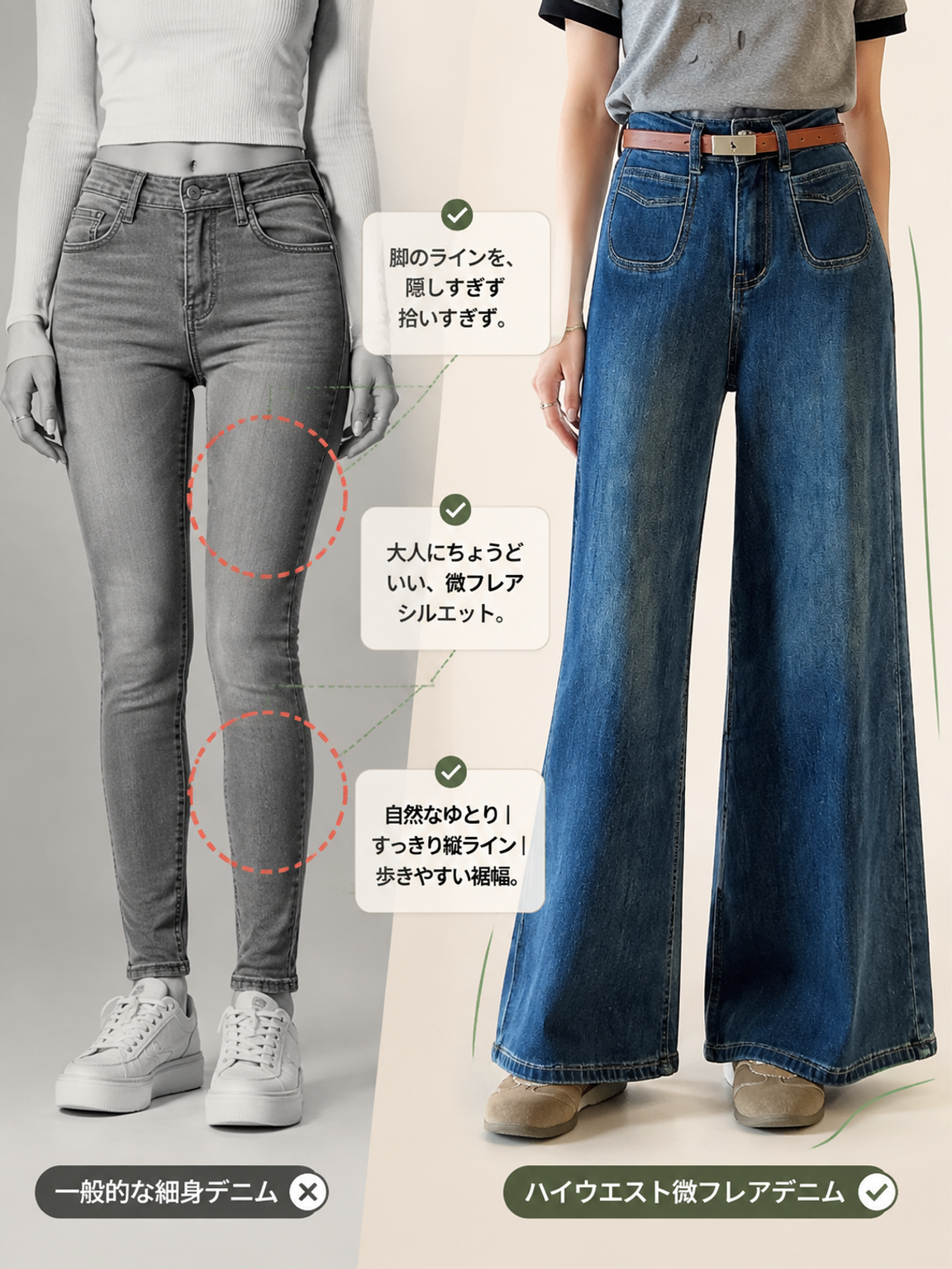 Monolly ヴィンテージ風 ハイウエスト 美脚セミフレアデニム