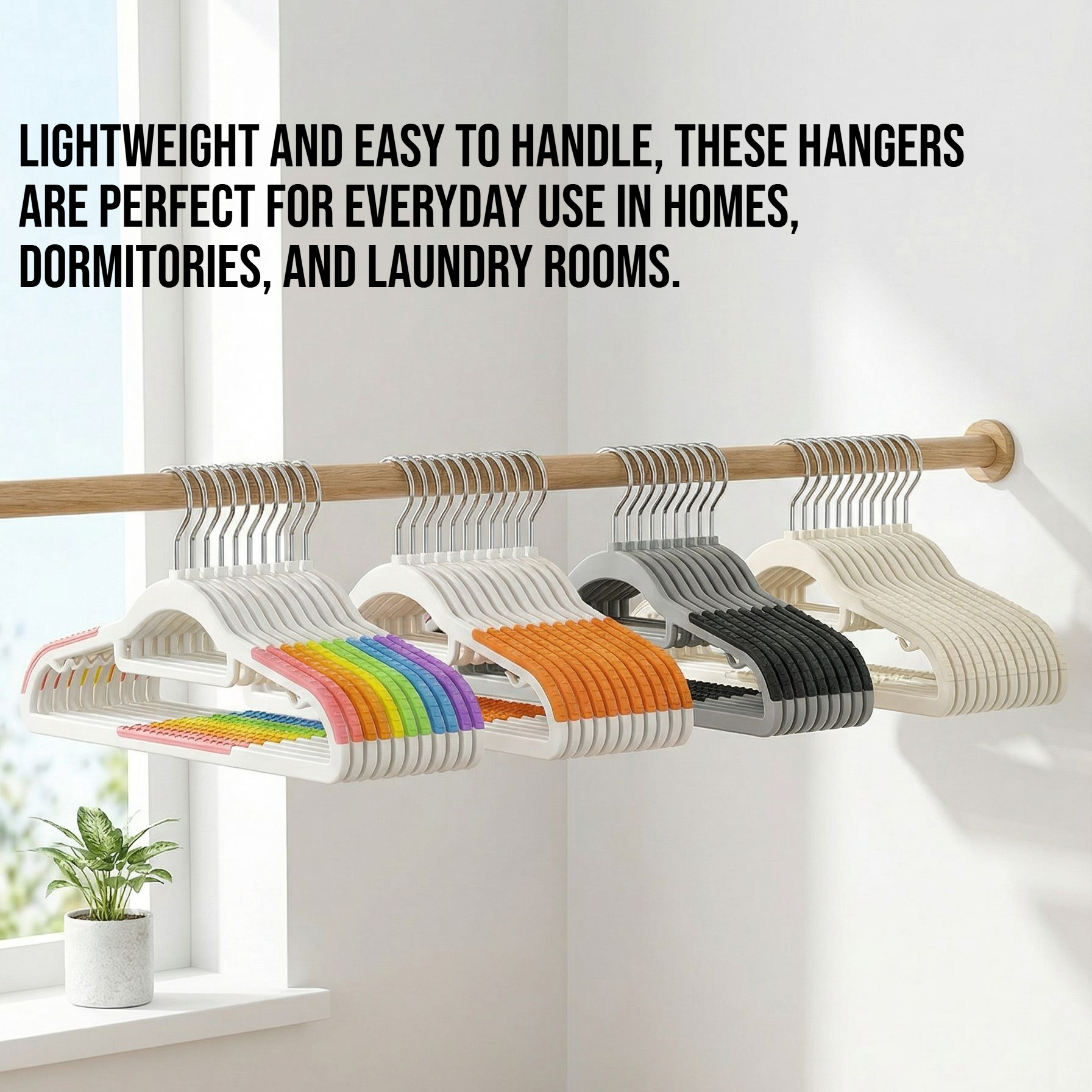 Durable plastic hangers holding shirts in closet