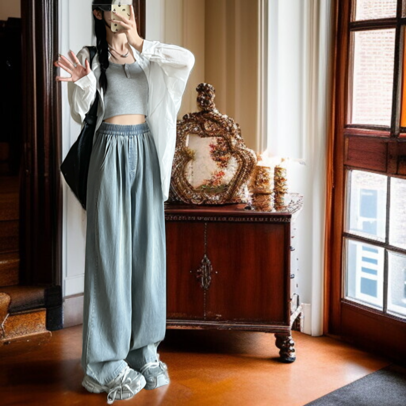 봄가을 하이웨스트 날씬해 보이는 주름 텐셀 와이드 팬츠 처짐 여성 청바지