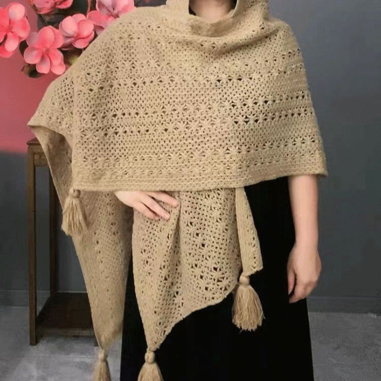 バタフライフラワー透かし編みエアリーフード付きショール