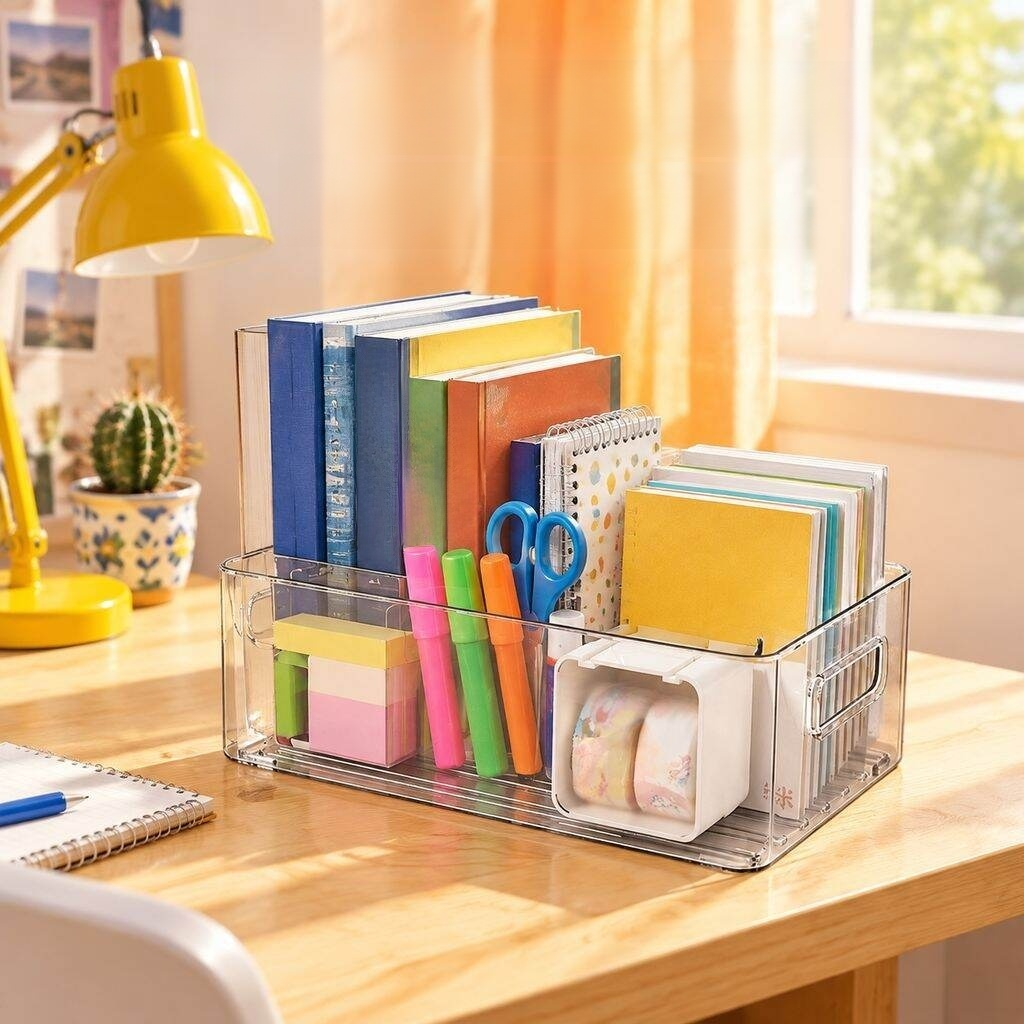 Organizador acrílico transparente en un escritorio con libros y archivos