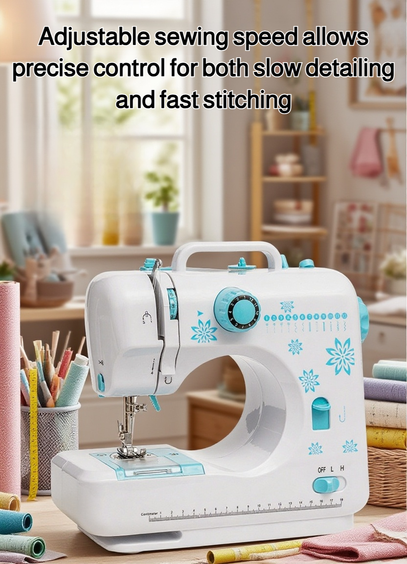 Modern electronic sewing machine on white background