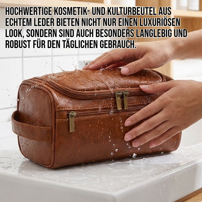 Kosmetik- und Kulturbeutel aus Leder mit großem Fassungsvermögen und mehreren Fächern