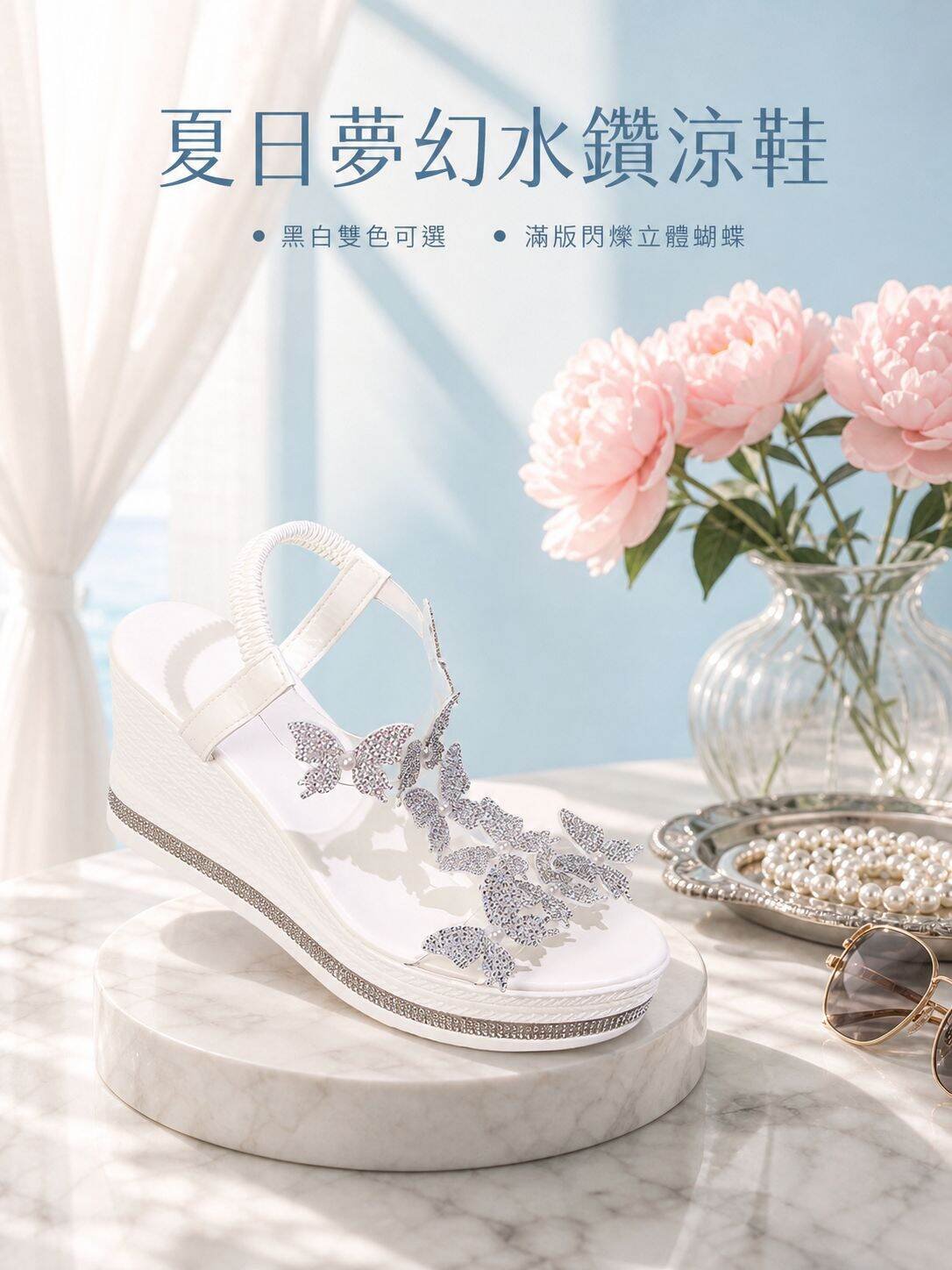 女士厚底高跟蝴蝶結沙灘涼鞋，簡約單帶設計