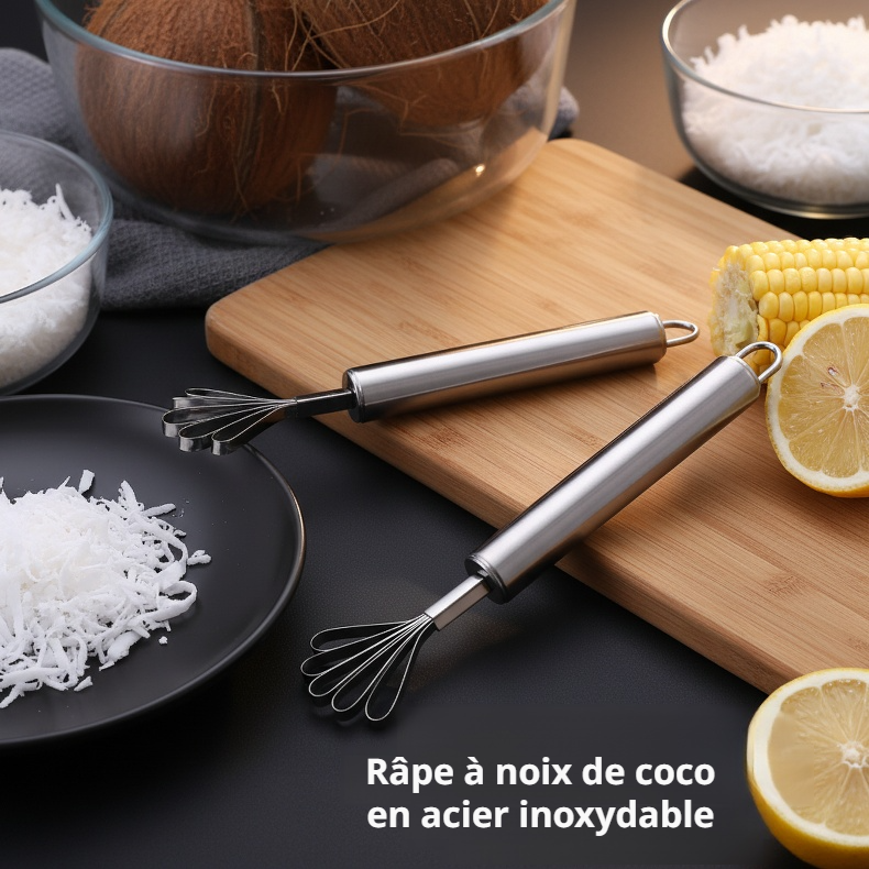 Râpe coco en acier inoxydable posée sur une table