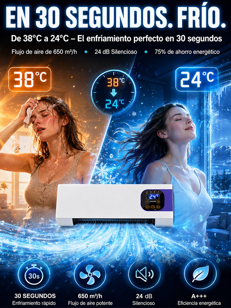 Climatizador Portátil Sin Instalación | Frío en 30s, Ahorra 75% de Luz | 4 en 1