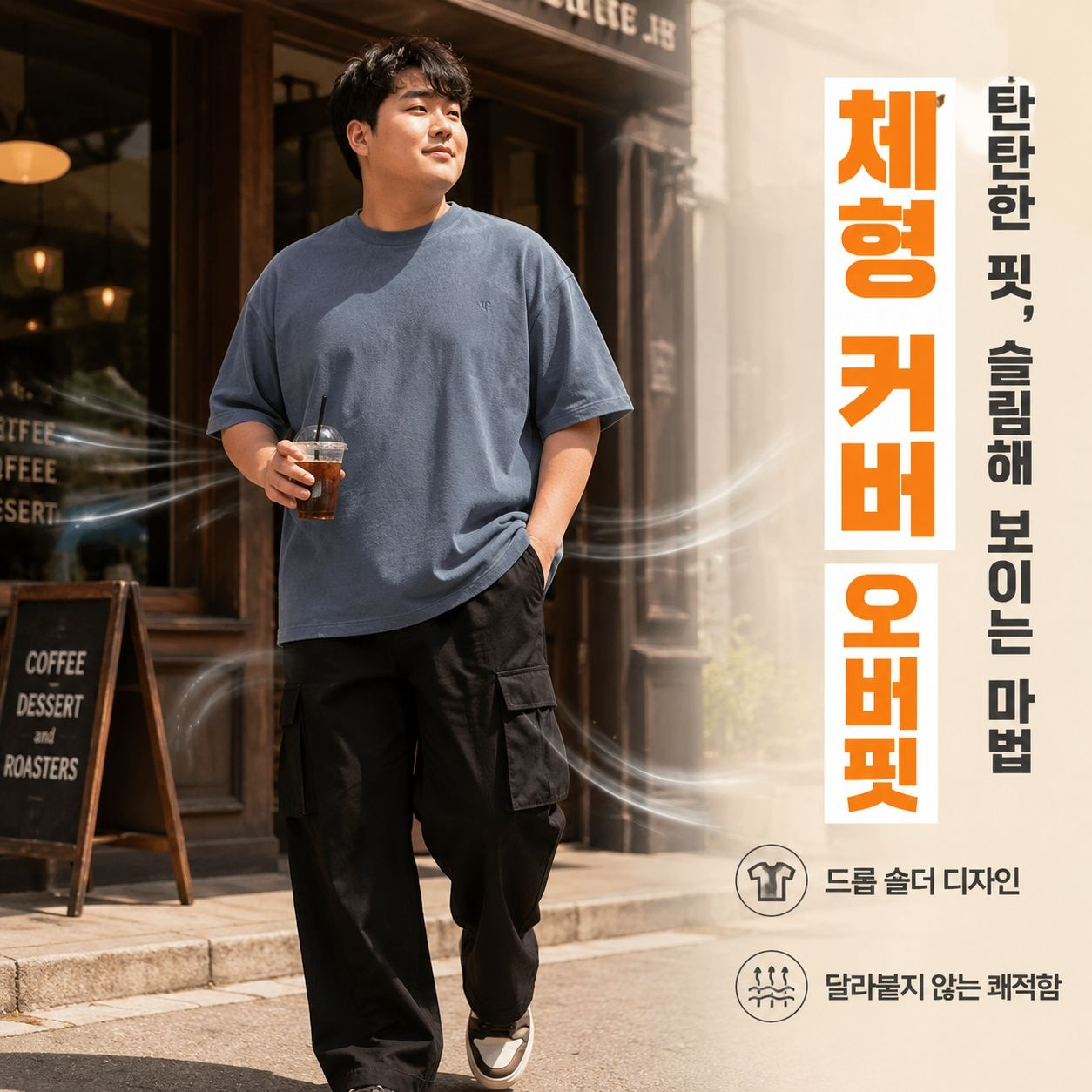 남성 박시 티셔츠 입체 자수 스웨이드 라운드 반팔 티
