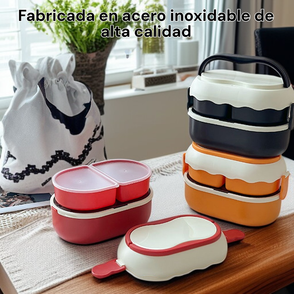  Fiambrera de acero inoxidable de dos pisos estilo pastel adorable con cubiertos