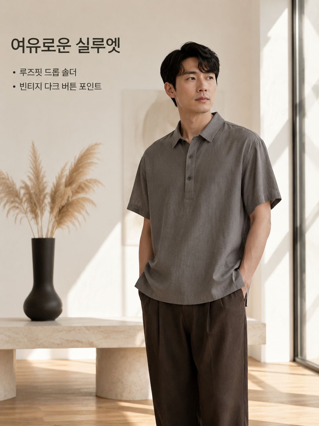 남성 빈티지 린넨 반팔 셔츠 전체 이미지