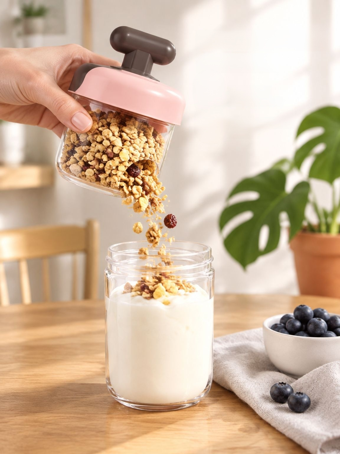 Tragbarer, auslaufsicherer Frühstücksbecher mit Deckel, Löffel und Fächern (für Joghurt/Haferbrei)