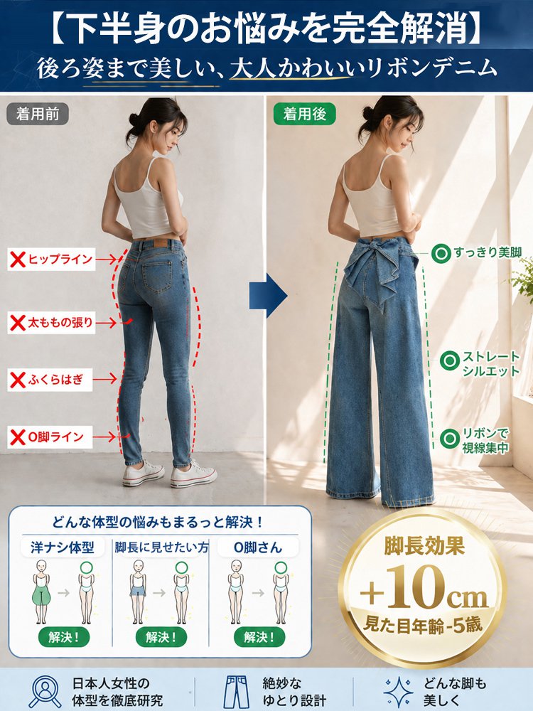レディースウエストリボンワイドデニムパンツ 