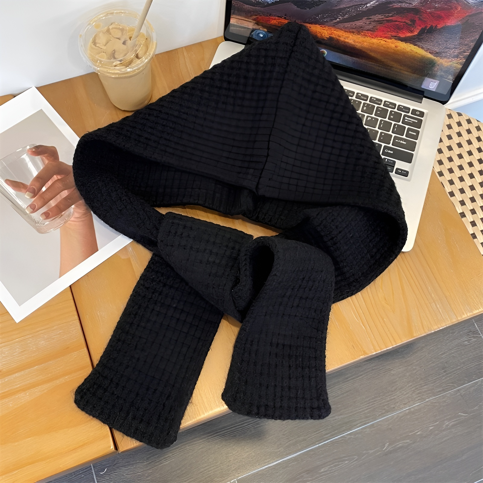 秋冬兼用フード付きショール帽子スカーフ一体型 レディース2点セット 無地 暖かいニット帽スカーフ