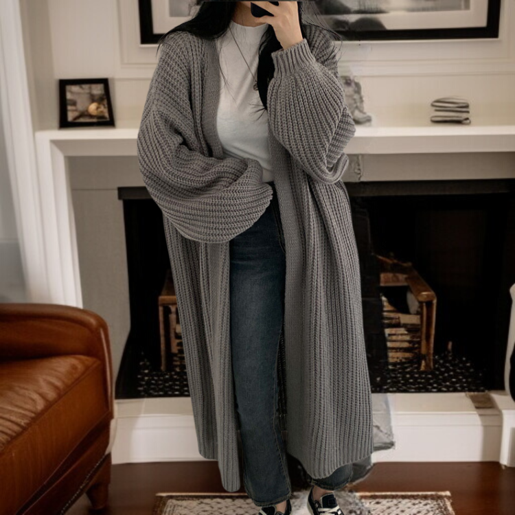 여성 루즈핏 날씬해 보이는 롱 니트 카디건 코트 벌룬 소매 니트 여 빈티지 나른한 니트