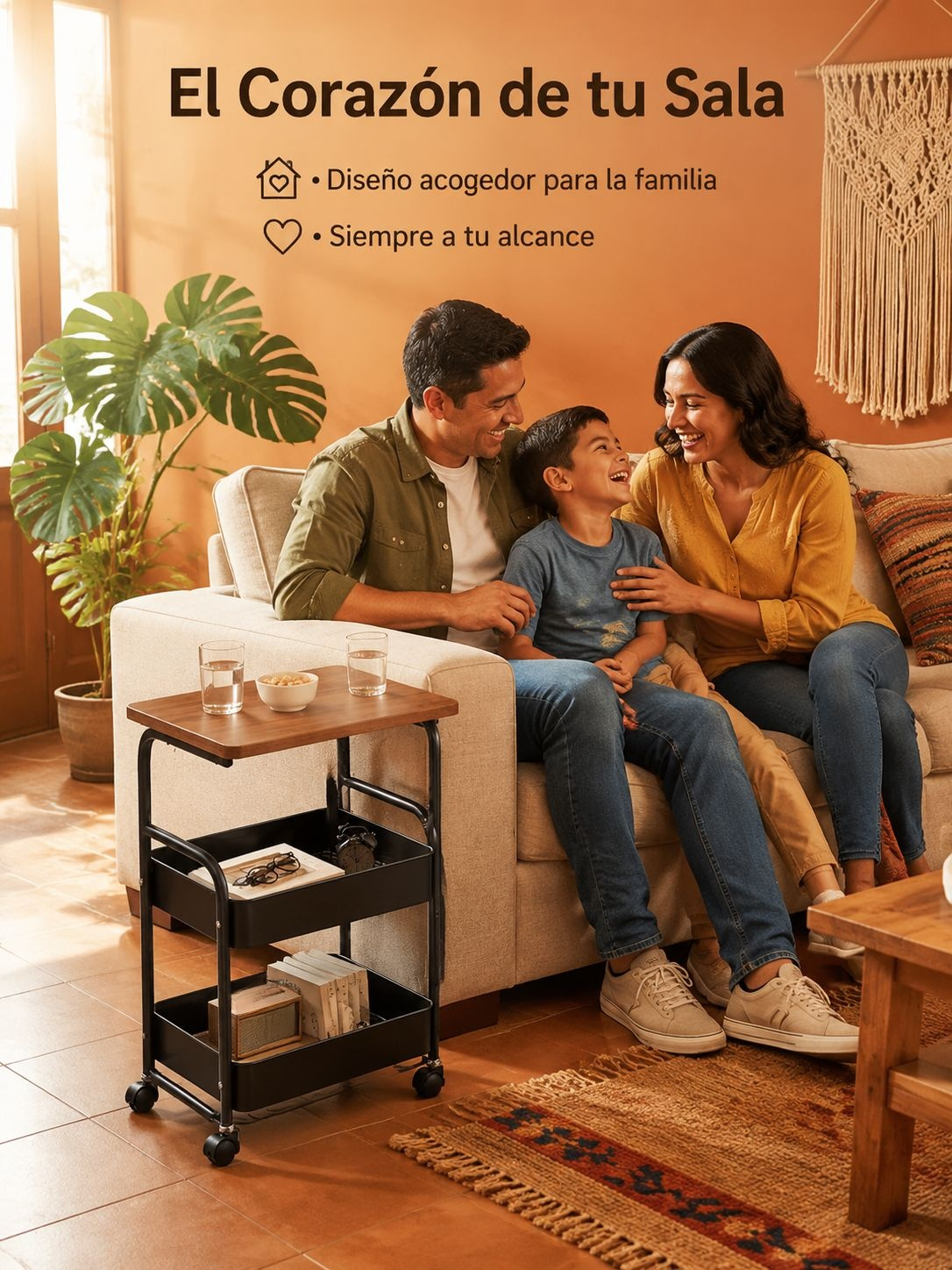 Mesita auxiliar móvil de color crema junto al sofá