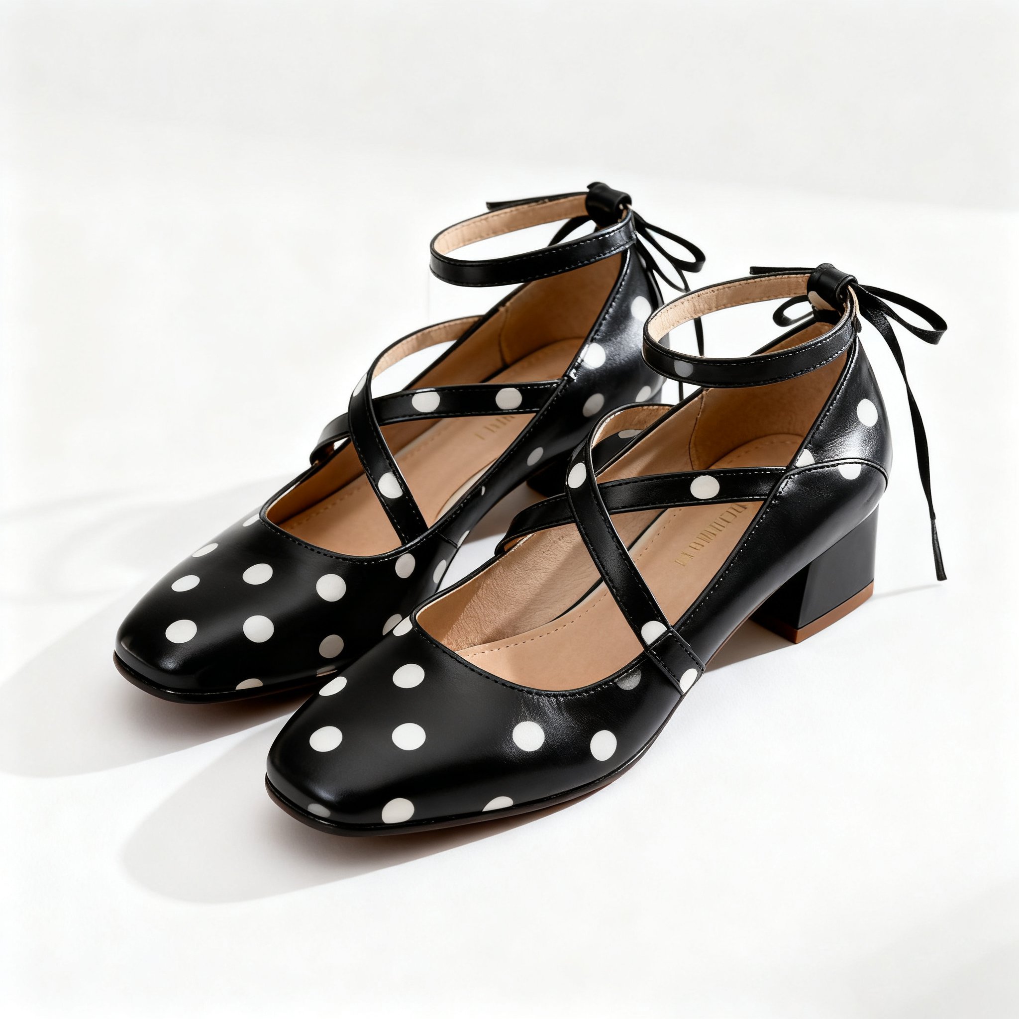 도트 디자인 중굽 여성 가죽 구두