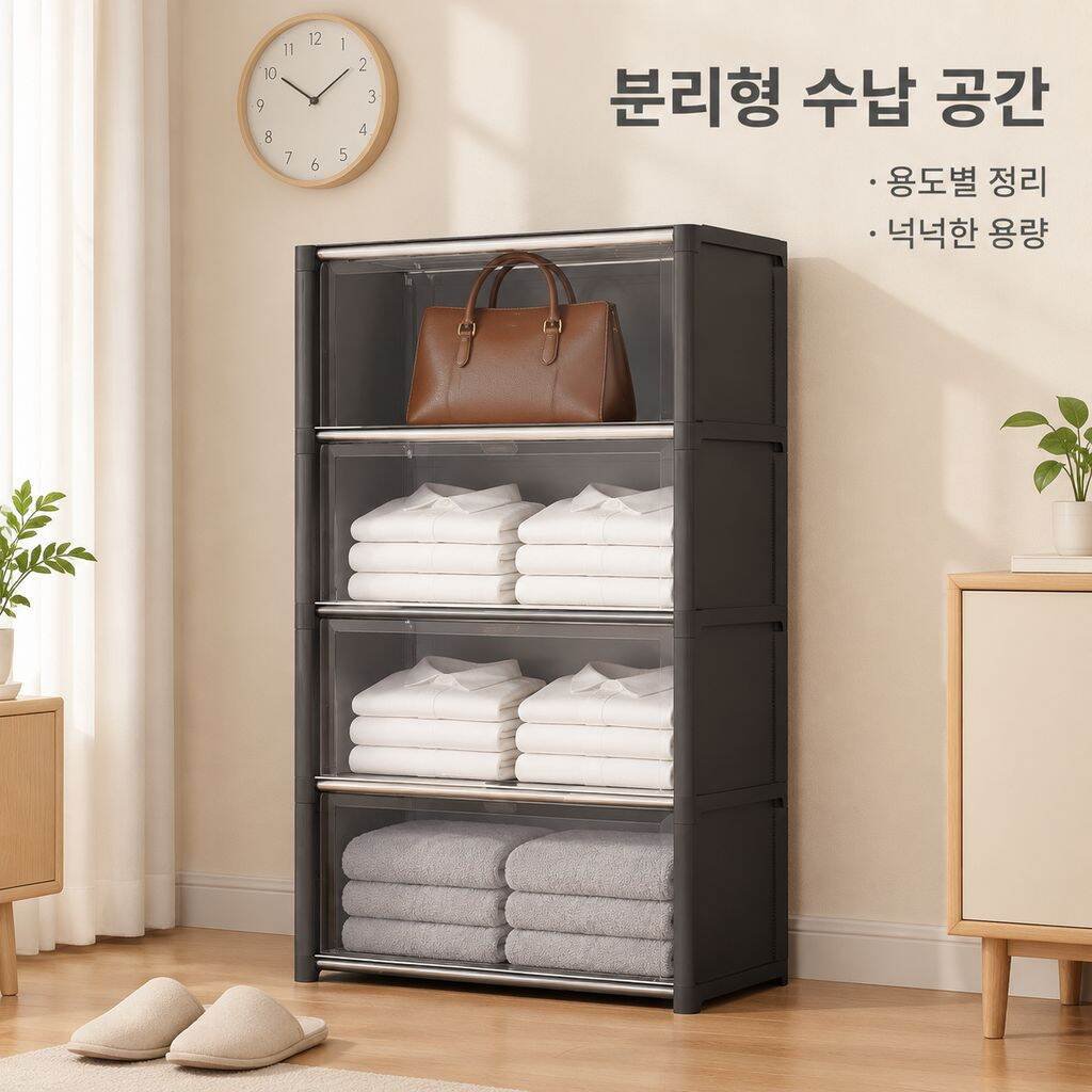 심플하고 투명한 플립형 다단 의류 수납장