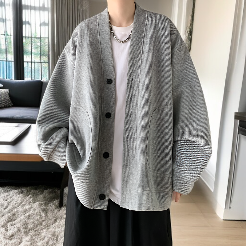 春と秋に着用する男性用のレイジースタイルのウールカーディガンジャケット、Vネックのアメリカンジャケットを備えた先進的な若々しいフードなしセーター