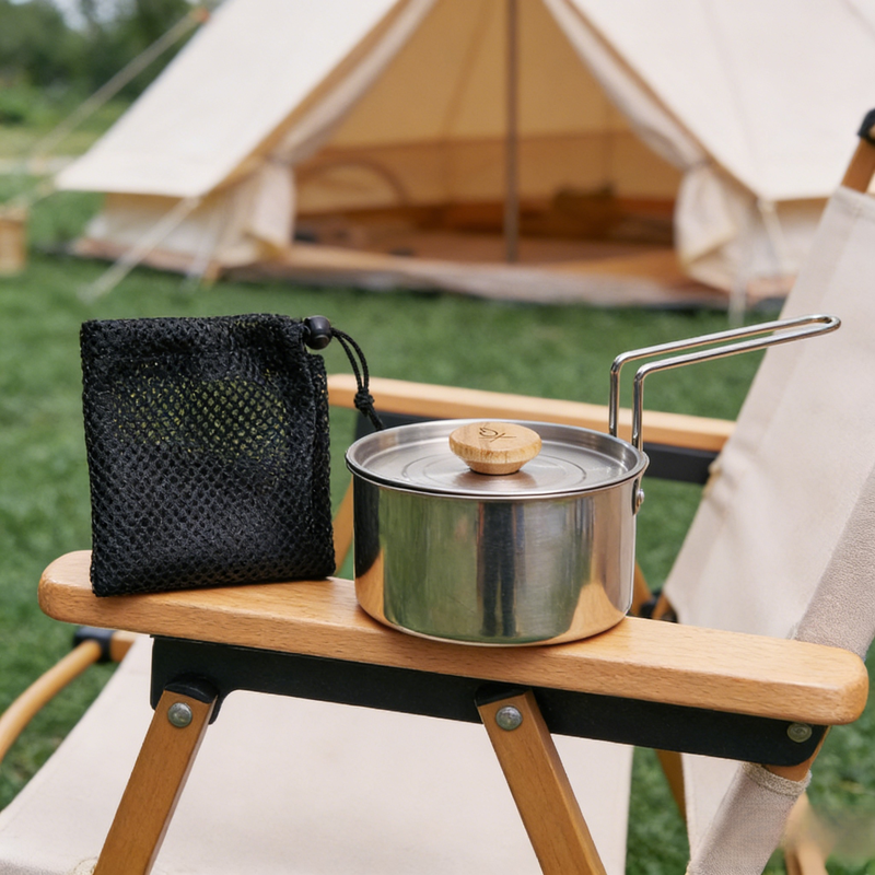 携帯用ステンレスキャンプケトル、蓋と折りたたみハンドル付き、アウトドアクッキング用
