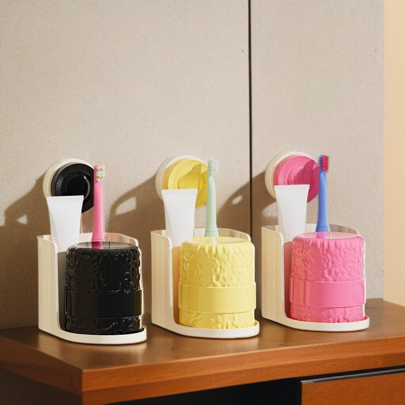 壁掛け吸盤タイプ 歯ブラシ＆コップ収納セット（穴あけ不要）