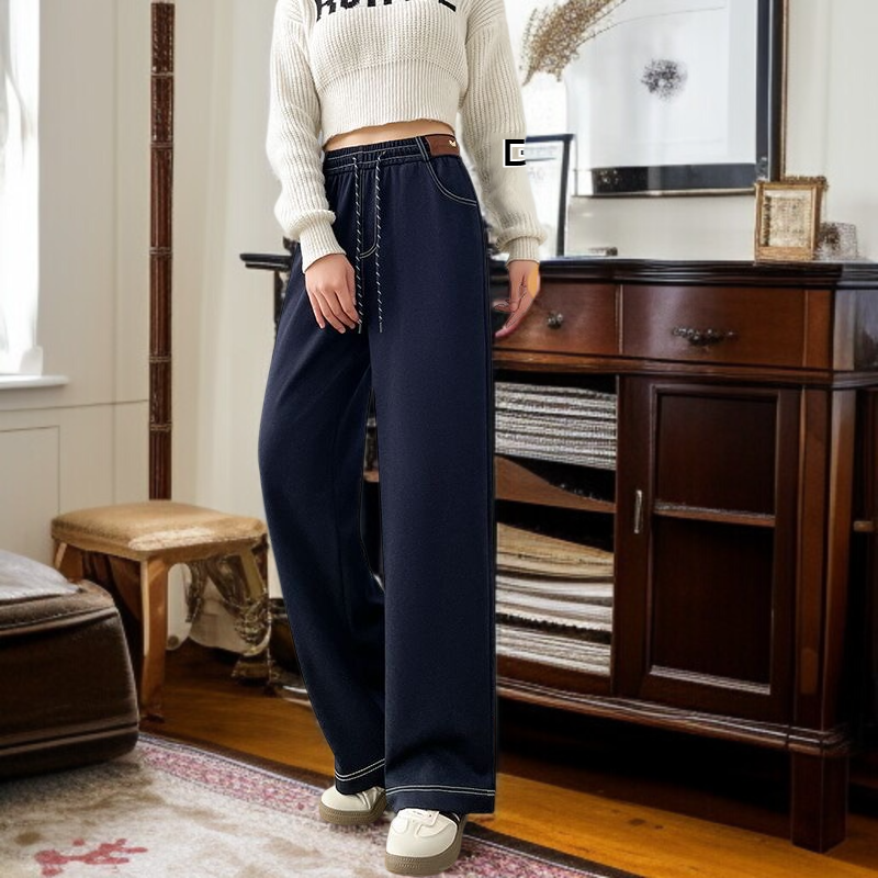 하이웨스트 와이드 팬츠 밴딩 일자 팬츠 빅 사이즈 여성 바지 기모 캐주얼 바지 청바지 여 하이웨스트 스판 빅 팬츠