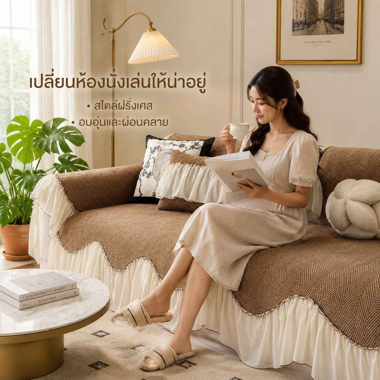 ผ้ารองโซฟาเชนีลสไตล์ฝรั่งเศส เรียบง่าย กันลื่น ใช้ได้ทุกฤดู