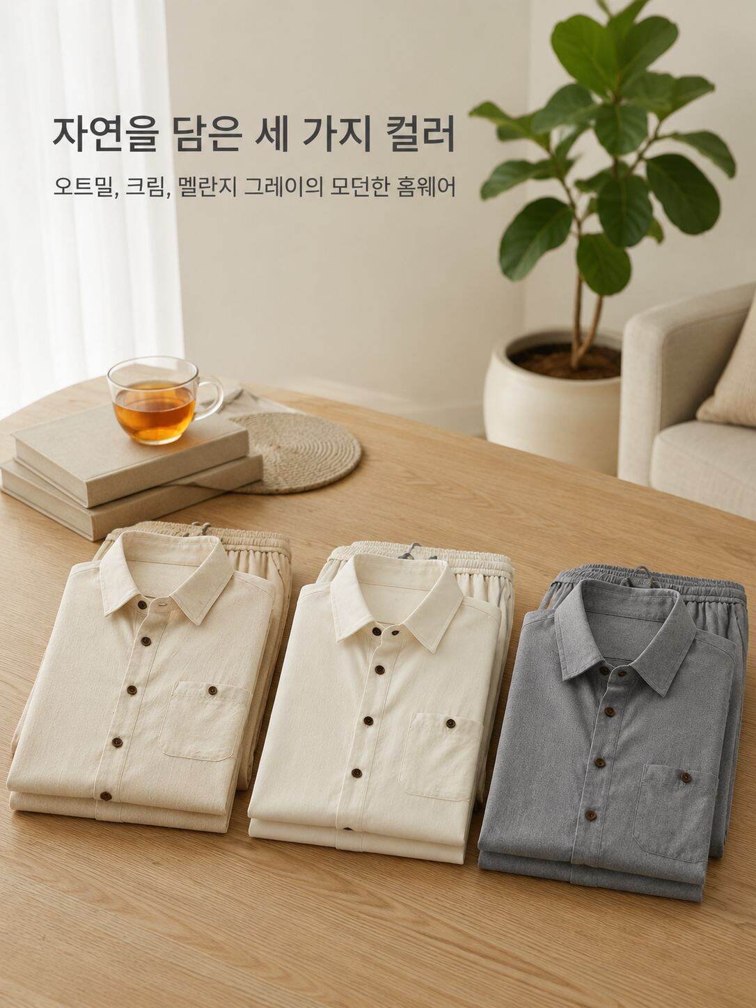 노년 남성 린넨 혼방 반팔 홈웨어 세트 전체 이미지