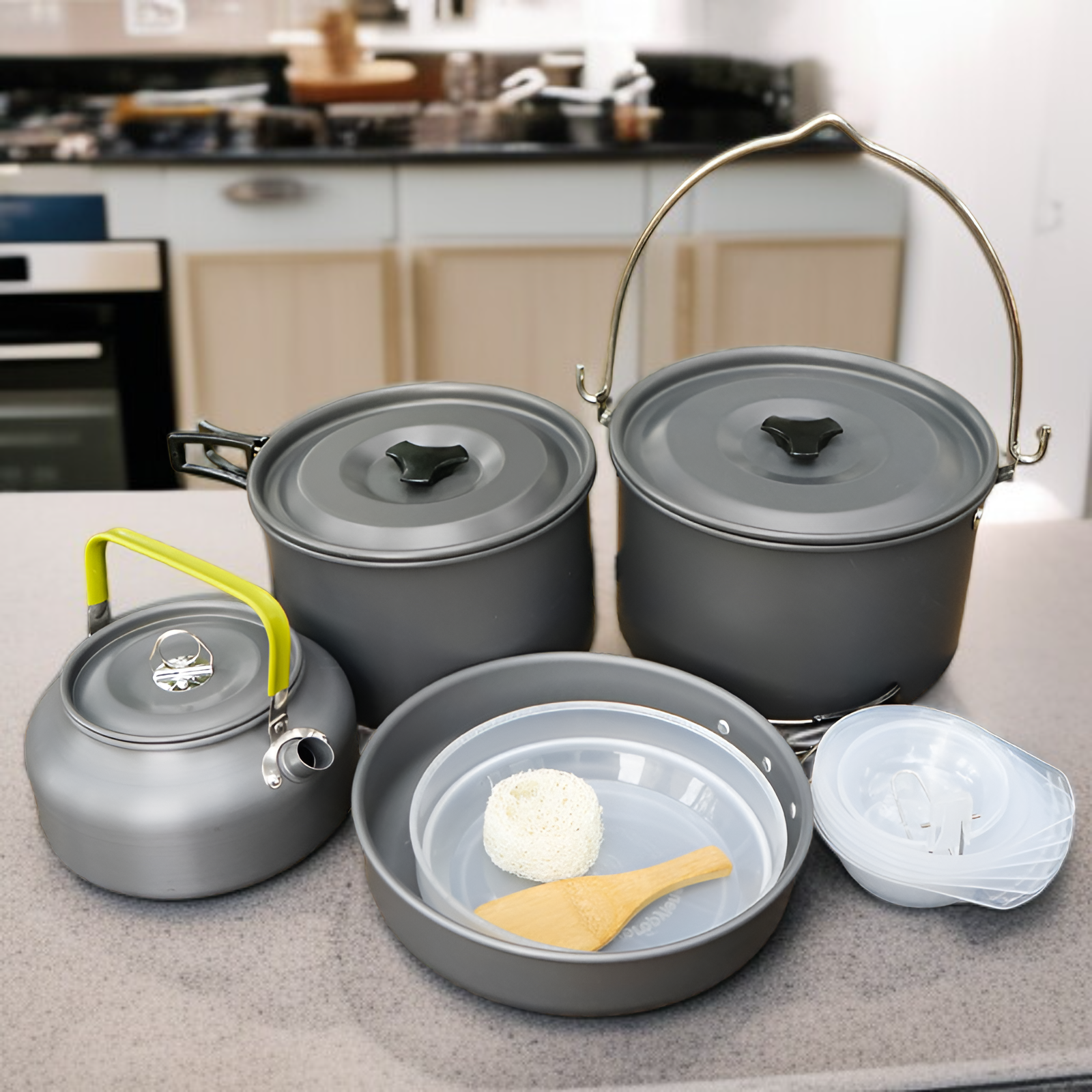 Picknick-Kochset für Familie, 5-6 Personen, Antihaft-Kessel und Topfset