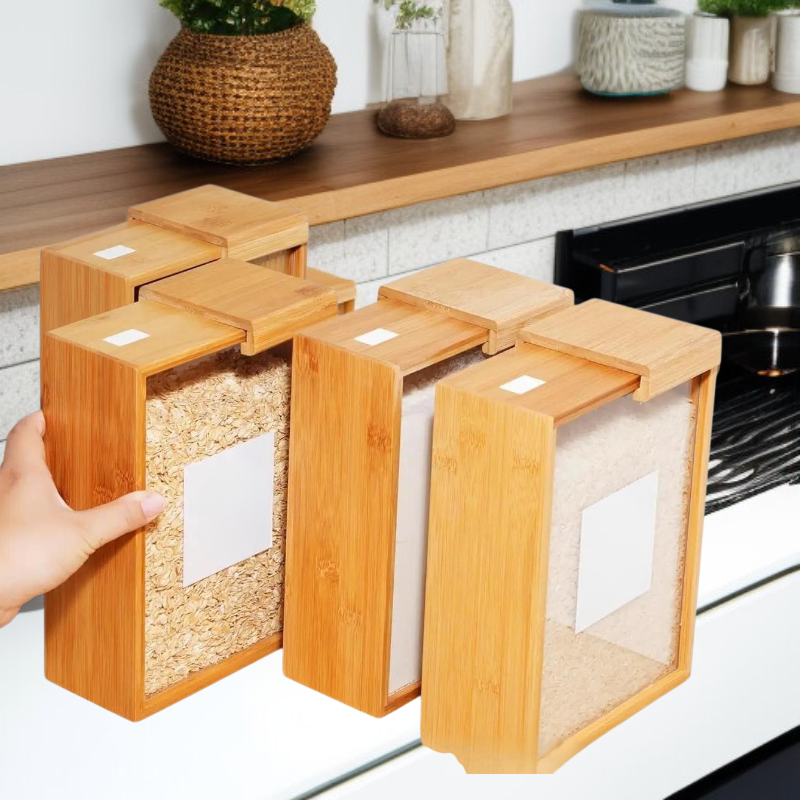 원목 곡물 디스펜서 대나무 주방 식품 보관함