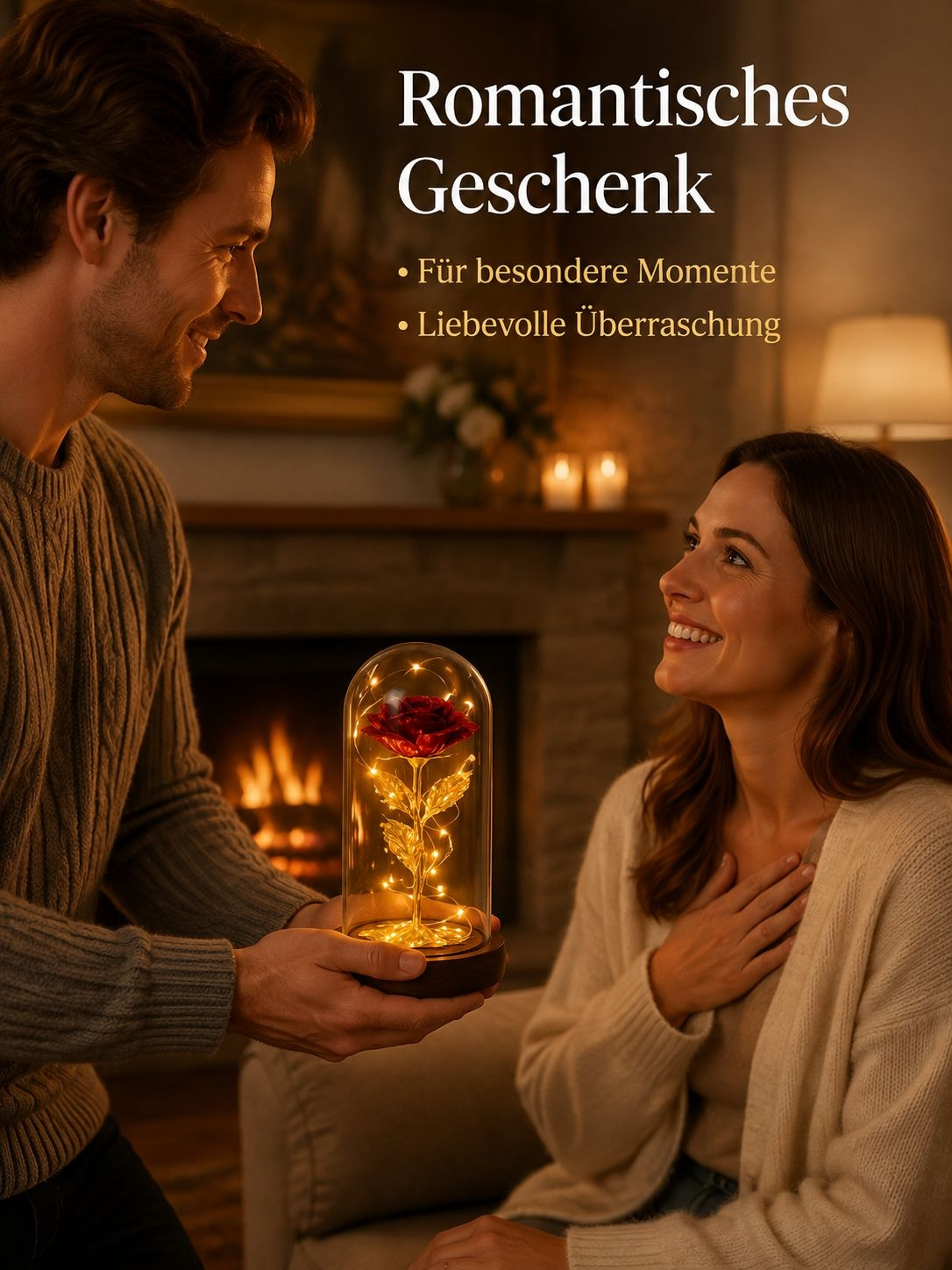 Künstliche Rosenblume unter Glashaube mit Goldfolie, ewige Blume, festliche Dekoration