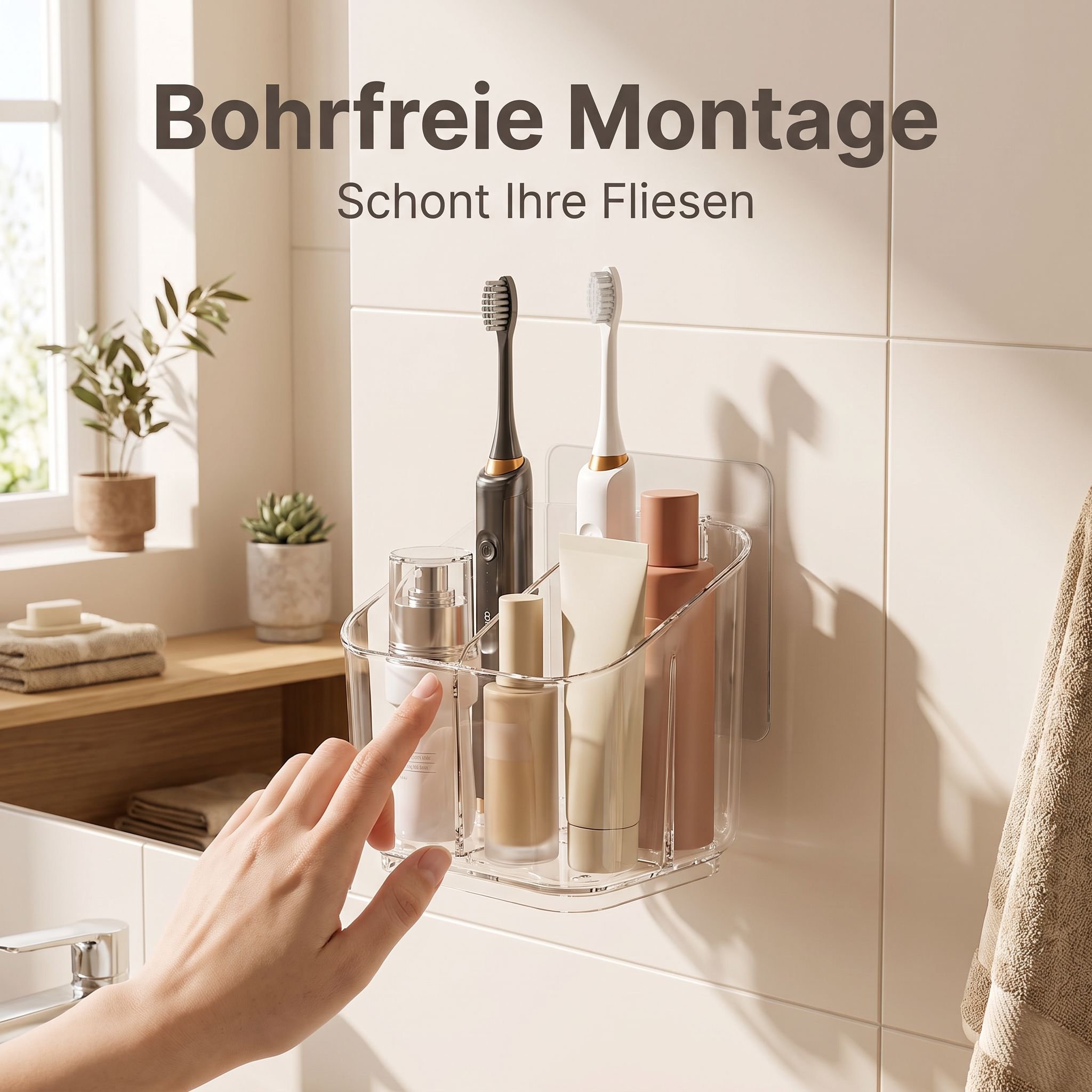 Wandmontiertes Aufbewahrungssystem fürs Badezimmer mit Fächern (ohne Bohren)