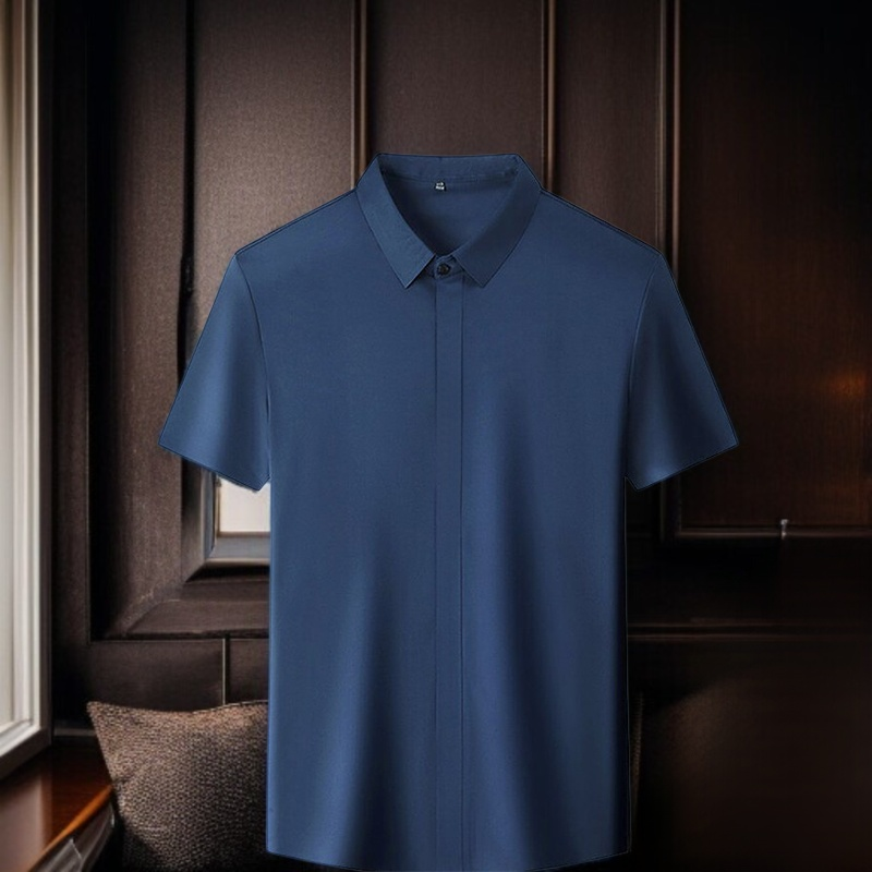 ビジネスメンズファッションシャツ 中年男性用ノンマーキング高弾性アイスシルク半袖シャツ サマーファッション・ビジネスシャツ