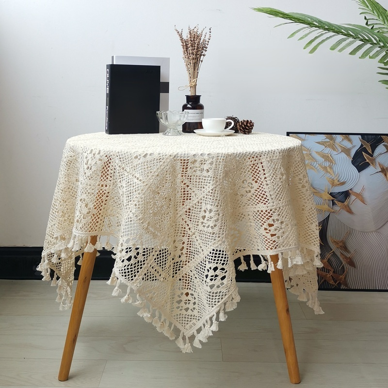 Chinese Hollow Lace Dining Tablecloth Rectangular & Round Tea Table Cover for Photo Shoot
