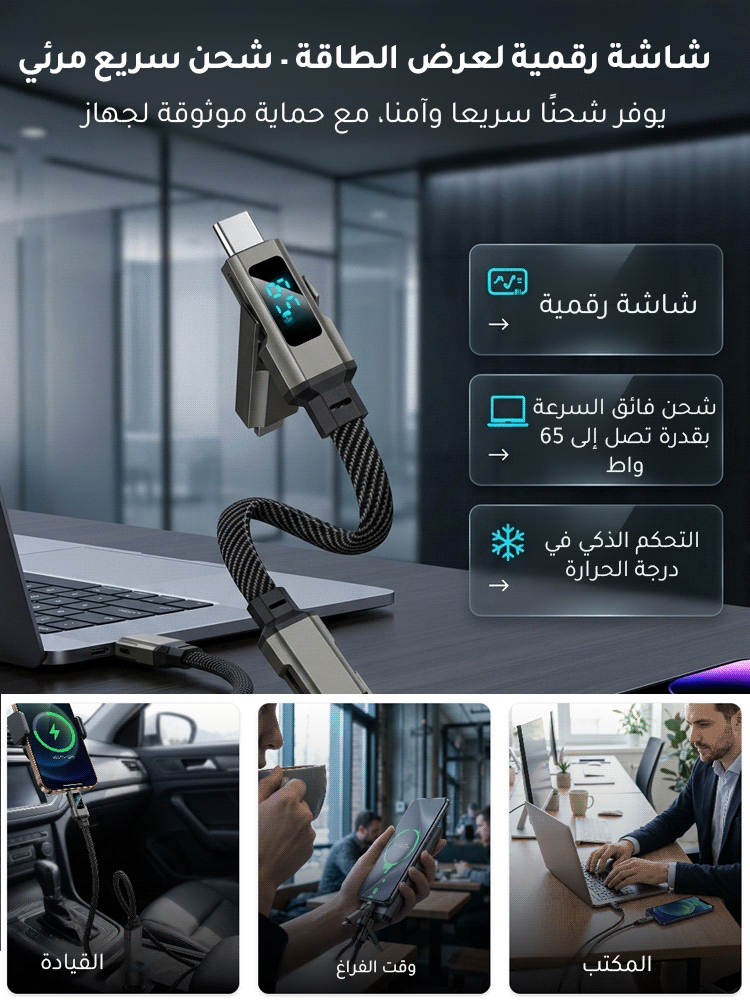 كابل شحن سريع محمول ومتين بقدرة 65W