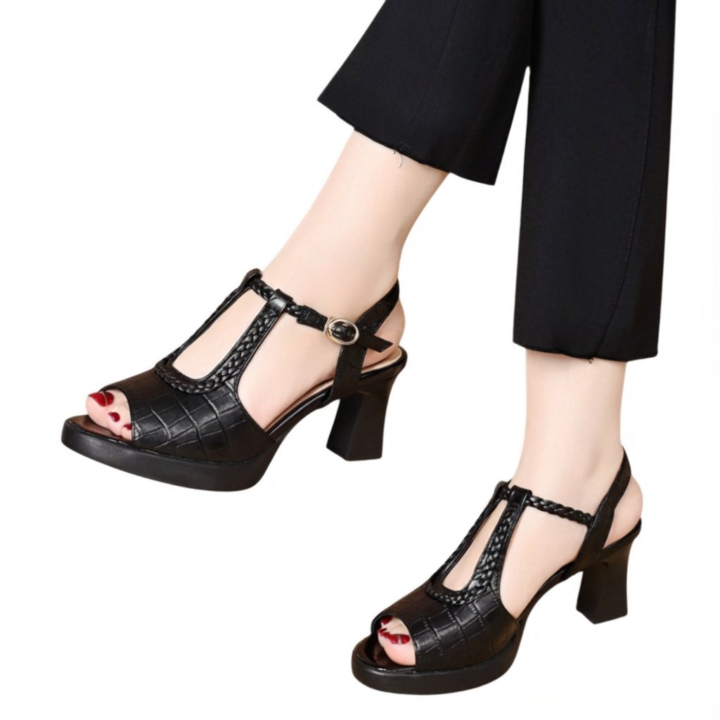 صندل راقي عصري مفتوح من الأمام من جلد البقر المزين بنقش جلد التمساح ذو نعل سميك وكعب عال مربع للنساء