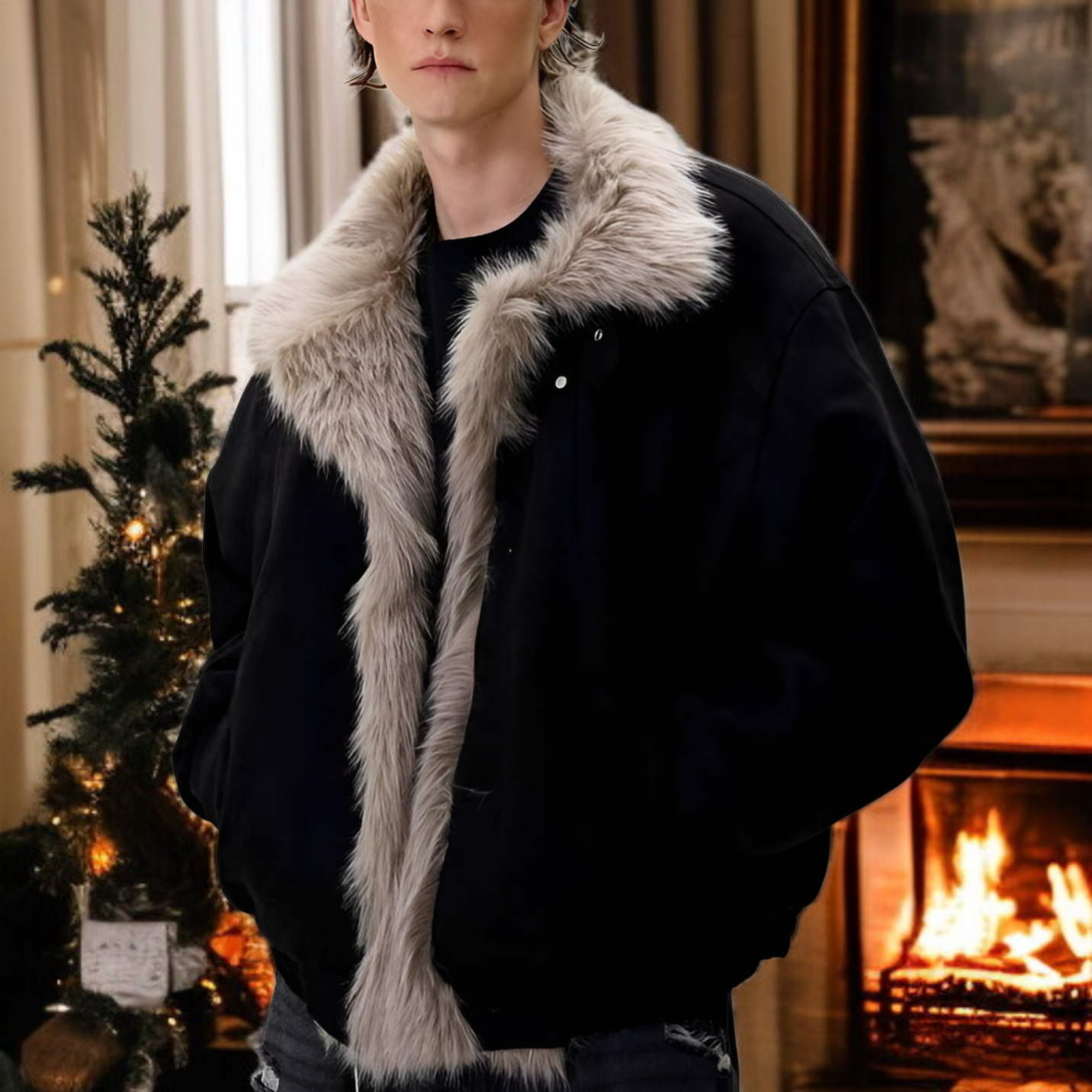 2025 レトロ風 マウンテンカービング 厚手 コットン パッド入り ジャケット メンズ レディース ルーズフィット デコンストラクト 起毛 高級感 ファーカラーコート グレー