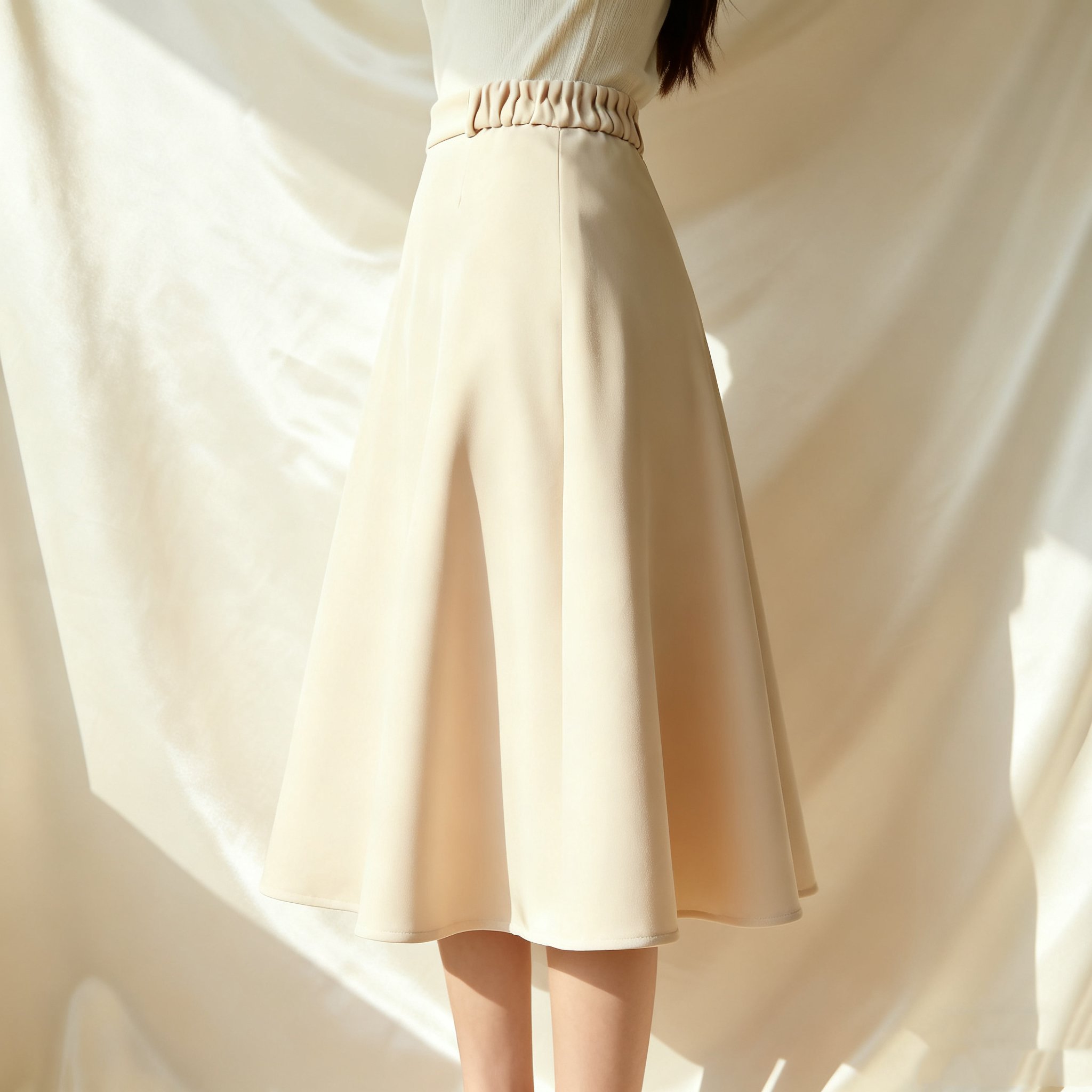 베이지 우아한 하이웨스트 미디 스커트