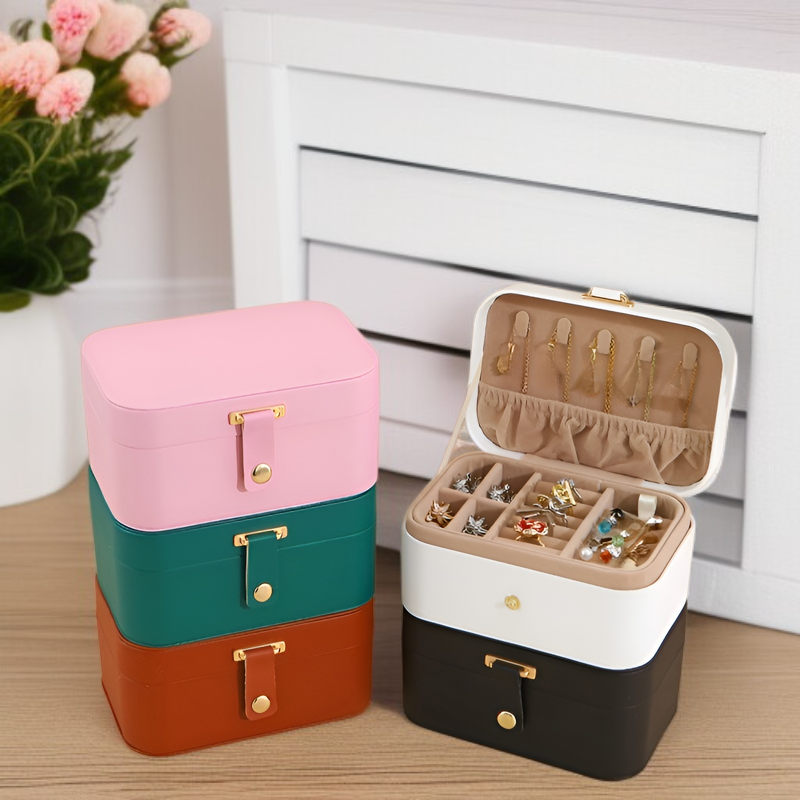 Button Flip 2-lagige Reise-Schmuckschatulle für Halskette, Ohrring, Ring