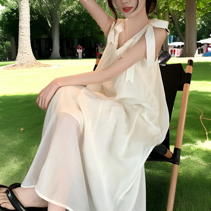 夏用ソフトルーズフィット女性ノースリーブミディワンピース