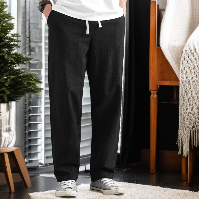 男性用 リネン素材 ゆったりワイドカジュアルパンツ 9分丈
