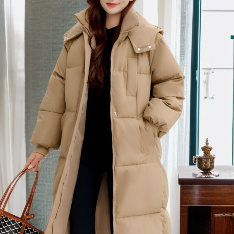 レディースハーフ丈フード付きダウンコート