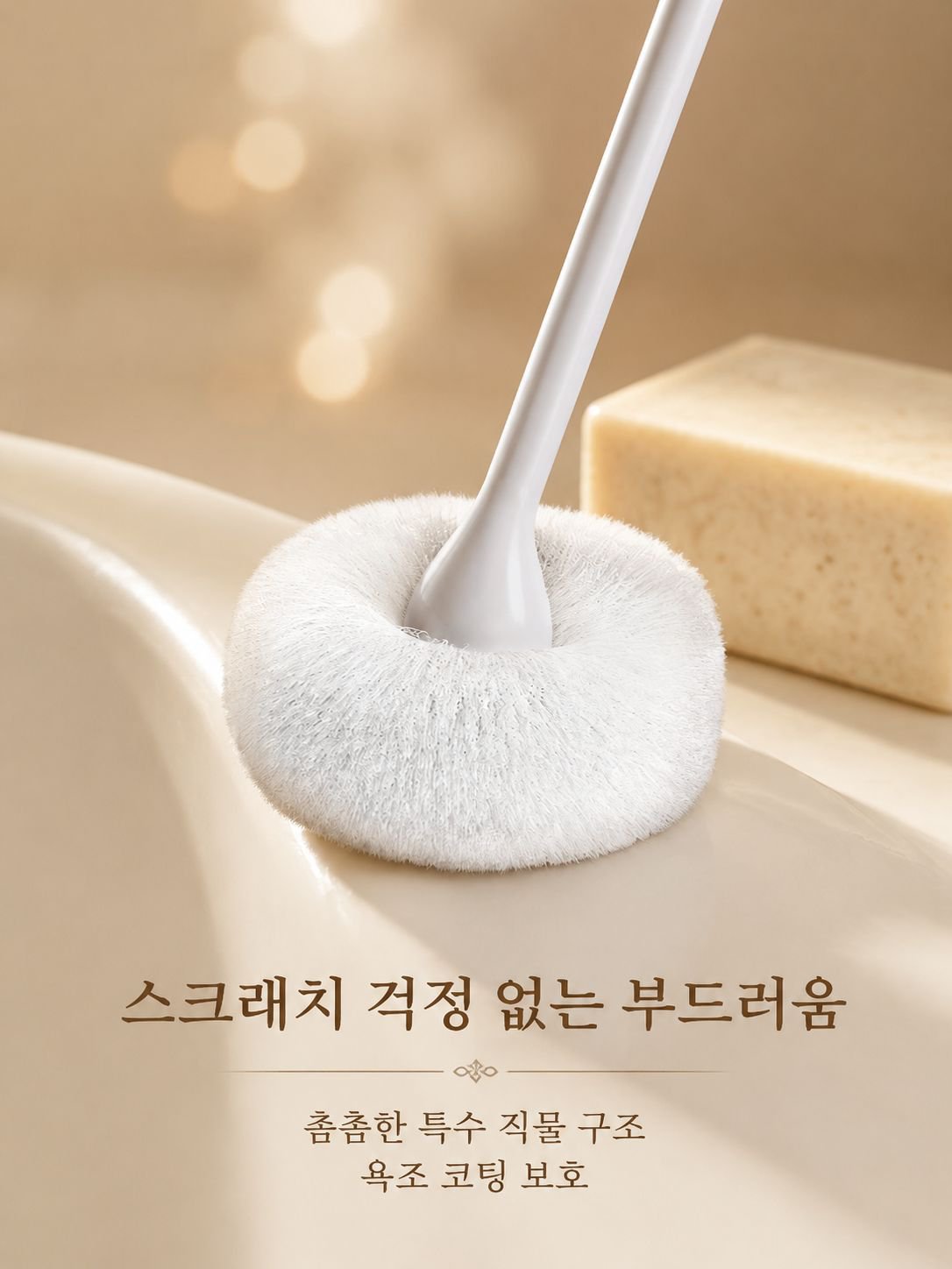 욕실 벽면을 청소하는 구름 브러쉬 사용 장면