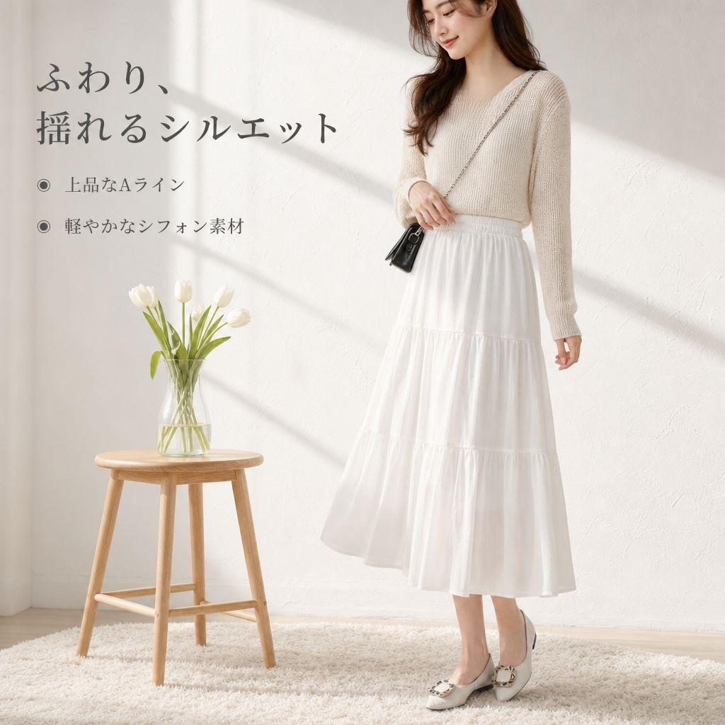 ホワイトAラインプリーツアンブレラミディシフォンワンピース