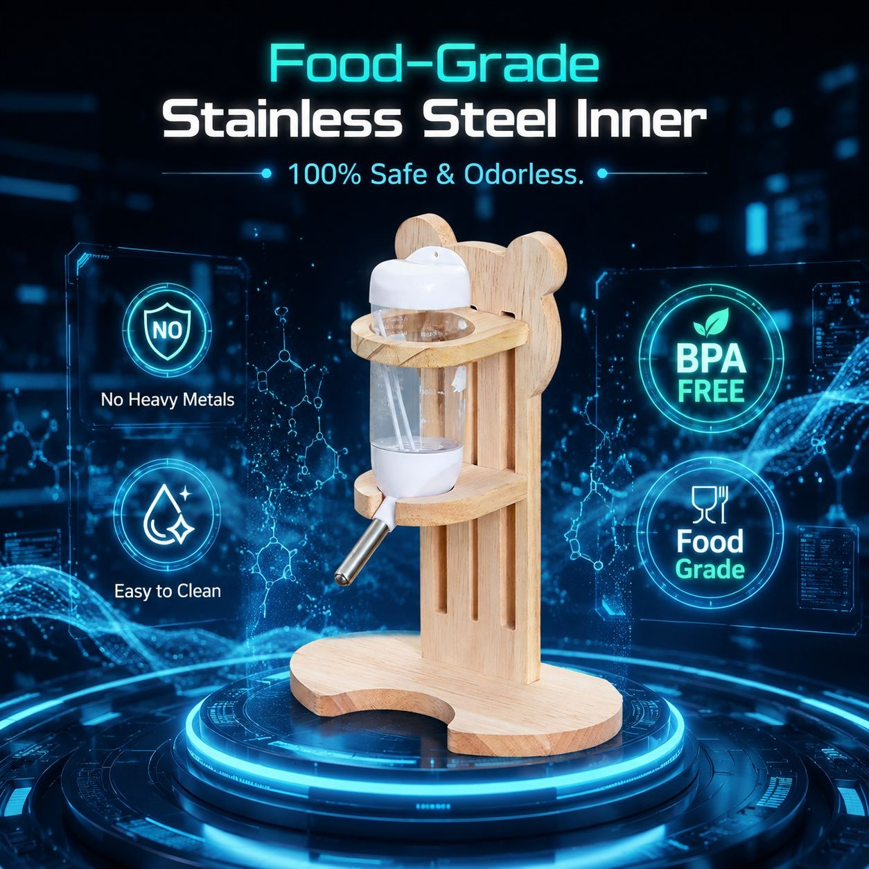Hamster Anti-Bite Solid Wood Water Bottle Stand with Rolling Ball, Adjustable Height