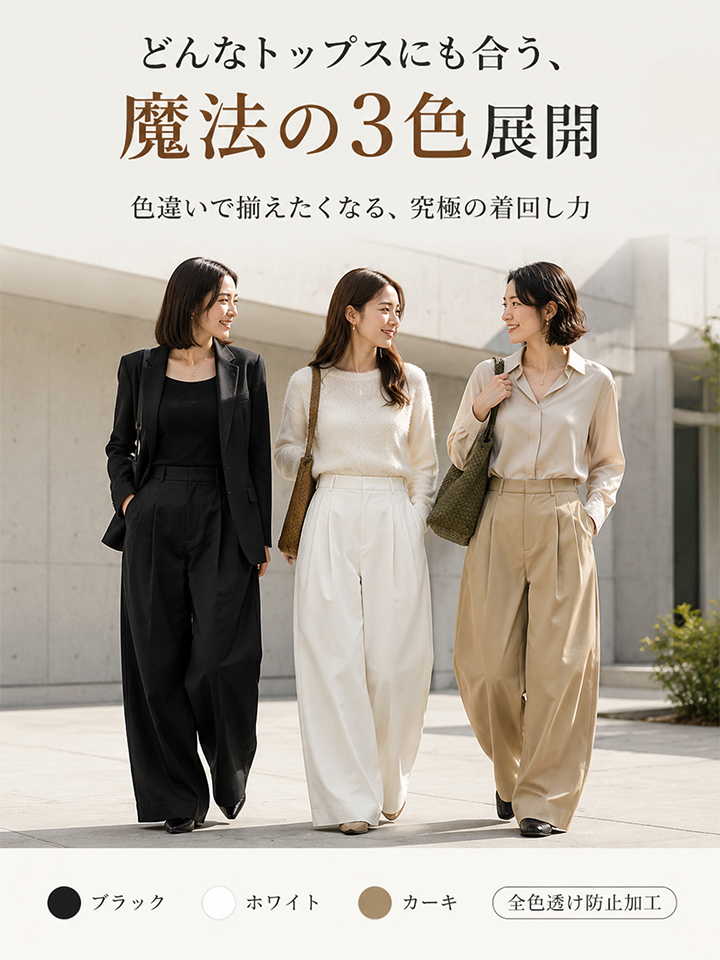 Monolly 着回し抜群 ハイウエスト ワイドパンツ
